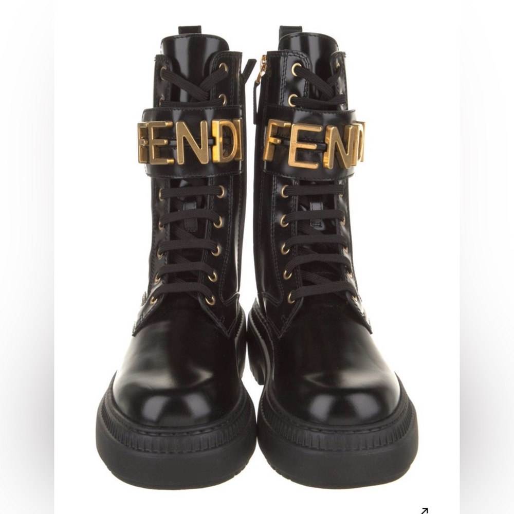 Fendi Black Leather Lace-Up Combat Boots with Gold Logo Buckle - Picture 6 of 8